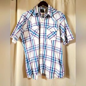 Saddle King Western By Key Plaid Pearl Snap Shirt Mens Large Vintage Rodeo White